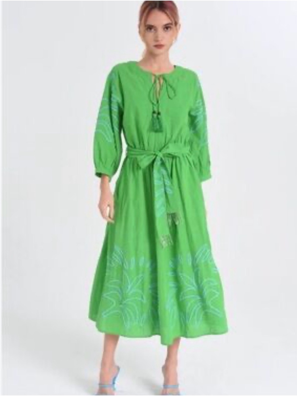 Ciebon Green Tie-Waist Midi Dress with Embroidered Detail size M New